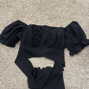 Black Off-Shoulder Puff Sleeve Wrap Crop Top